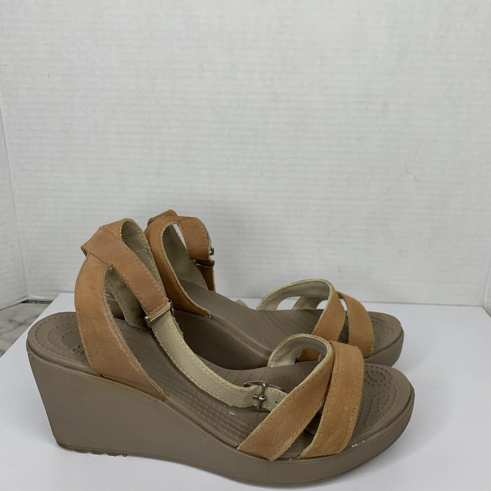 CROCS Leigh II Ankle Strap Wedge Sandals Beige Women's Size W9